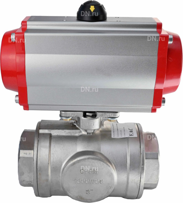 Кран шаровой BV3232P(4pc)-SP-3WL-T-ISO-H Ду32 Ру63 стандартнопроходной L-тип, трехходовой, нержавеющая сталь SS316, внутренняя резьба, уплотнение - PTFE, с пневмоприводом PA-DA-52 двойного действия в Алматы