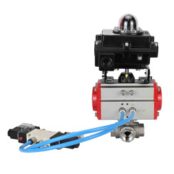 Кран шаровой BV3232P(4pc)-SP-3WL-T-ISO-H Ду25 Ру63, стандартнопроходной, четырехсоставной, корпус - нержавеющая сталь 316, уплотнение - PTFE, внутренняя резьба, с пневмоприводом PA-SA-052, пневмораспределителем 4V320-08 AC220V, БКВ APL-410N Ex