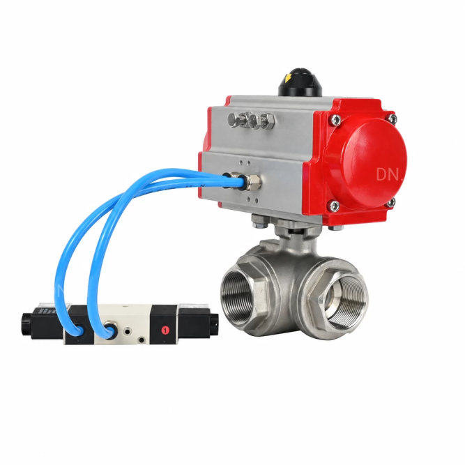 Кран шаровой BV3232P(4pc)-SP-3WL-T-ISO-H WDVF Ду65 Ру40 стандартнопроходной, 3-ходовой L-тип, внутренняя резьба, корпус - нержавеющая сталь AISI 316, уплотнение - PTFE, с пневмоприводом PA-DA-105 и пневмораспределителем 4V320-10 AC220V в Алматы