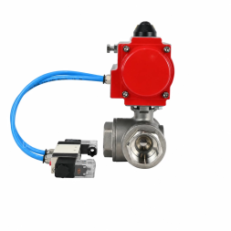 Кран шаровой BV3232P(4pc)-SP-3WL-T-ISO-H WDVF Ду65 Ру40 стандартнопроходной, 3-ходовой L-тип, внутренняя резьба, корпус - нержавеющая сталь AISI 316, уплотнение - PTFE, с пневмоприводом PA-DA-105 и пневмораспределителем 4V320-10 AC220V