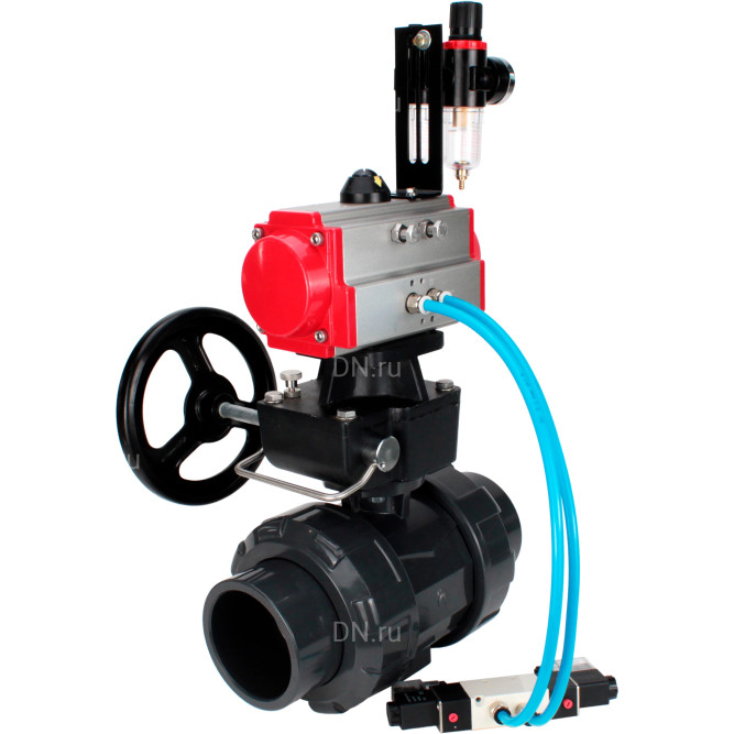 Кран шаровой BV4242E-FP-GRM-ISO Дн65 Ру10 полнопроходной, корпус - НПВХ, шар - НПВХ, уплотнение - EPDM, с пневмоприводом PA-DA-065, пневмораспределителем 4V320-10 AC220V, ручным дублером MON1-250-T26-ISO и БПВ AFC2000 в Алматы