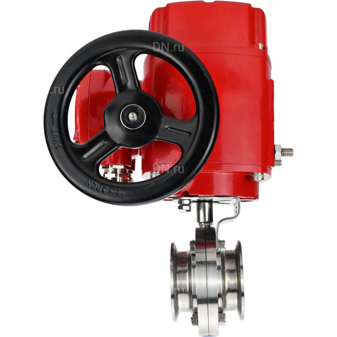 Затвор дисковый поворотный WBV3131E-2W-C-H Ду15 Ру10 кламповый, корпус - пищевая нержавеющая сталь 304, уплотнение - EPDM, с электроприводом QT-EX-005M-O2-380VAC-У1 с моментной муфтой и штурвалом в Алматы