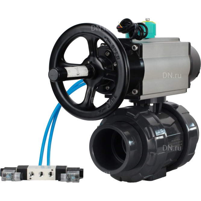 Кран шаровой BV4242E-FP-GRM-ISO Дн65 Ру10 полнопроходной, корпус - НПВХ, шар - НПВХ, уплотнение - EPDM, с пневмоприводом PA-DA-105-1, пневмораспределителем 4V320-08 AC220V и магнитным переключателем ALS200D в Алматы