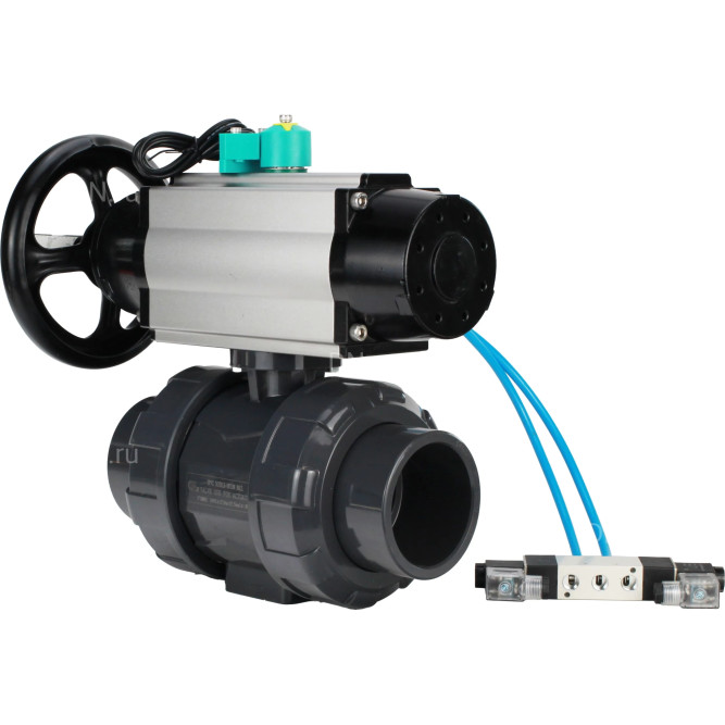 Кран шаровой BV4242E-FP-GRM-ISO Дн65 Ру10 полнопроходной, корпус - НПВХ, шар - НПВХ, уплотнение - EPDM, с пневмоприводом PA-DA-105-1, пневмораспределителем 4V320-08 AC220V и магнитным переключателем ALS200D в Алматы