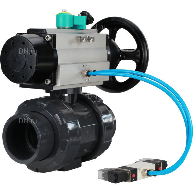 Кран шаровой BV4242E-FP-GRM-ISO Дн65 Ру10 полнопроходной, корпус - НПВХ, шар - НПВХ, уплотнение - EPDM, с пневмоприводом PA-DA-105-1, пневмораспределителем 4V320-08 AC220V и магнитным переключателем ALS200D в Алматы