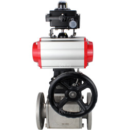 Кран шаровой BV3232P(4pc)-FP-3WL-F Ду25 Ру16 полнопроходной трехходовой, фланцевый, корпус - нержав.сталь SS316, пневмопривод PA-DA-052 двойн.действия, пневмораспределитель 4M310-08 AC220V, БКВ APL-410N EX и ручной дублер MON1-250-T26-ISO