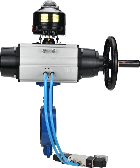 Затвор дисковый поворотный WBV3432V-2W-Fb-H Ду150 Ру16, корпус - углеродистая сталь WCB, диск - нержавеющая сталь 316L, уплотнение - Viton, с пневмоприводом PA-DA-105-1 двойного действия, с пневмораспределителем 4V320-08 AC220V, с БКВ APL-510N EX в Алматы