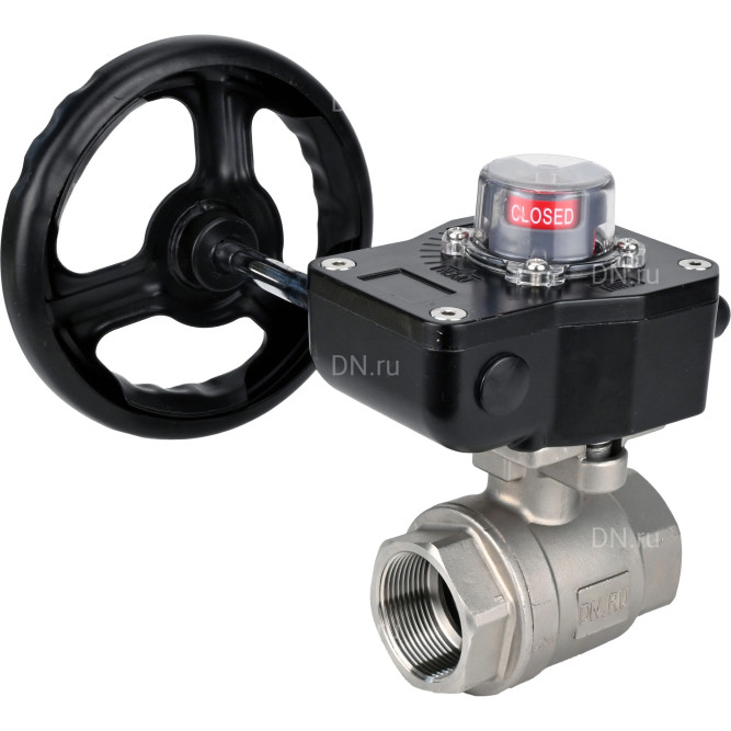Кран шаровой BV3232P(2pc)-FP-T-ISO-H 3/8″ Ду10 Ру63 полнопроходной двухходовой, нержавеющая сталь SS316, внутренняя резьба, уплотнение - PTFE, с редуктором HGB RQN1-180Z в Алматы