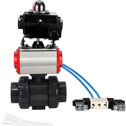 Кран шаровой BV4242E-FP-GRM-ISO Дн100 Ру10 полнопроходной, корпус - НПВХ, шар - НПВХ, уплотнение - EPDM, с пневмоприводом PA-SA-083, пневмораспределителем 4V320-08 AC220V и БКВ APL-410N EX