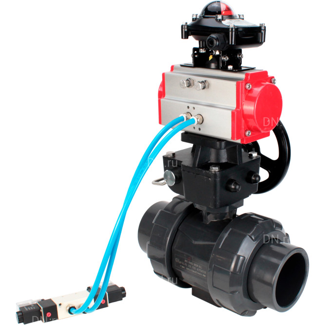 Кран шаровой BV4242E-FP-GRM-ISO Дн25 Ру10 полнопроходной, корпус - НПВХ, шар - НПВХ, уплотнение - EPDM, с пневмоприводом PA-DA-052, пневмораспределителем 4V320-10 AC220V, ручным дублером MON1-250-T26-ISO и БКВ APL-210N в Алматы