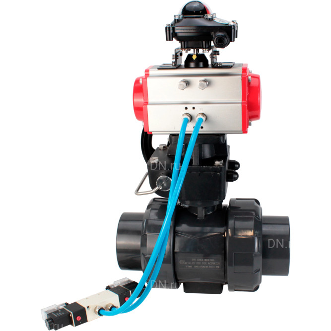 Кран шаровой BV4242E-FP-GRM-ISO Дн25 Ру10 полнопроходной, корпус - НПВХ, шар - НПВХ, уплотнение - EPDM, с пневмоприводом PA-DA-052, пневмораспределителем 4V320-10 AC220V, ручным дублером MON1-250-T26-ISO и БКВ APL-210N в Алматы