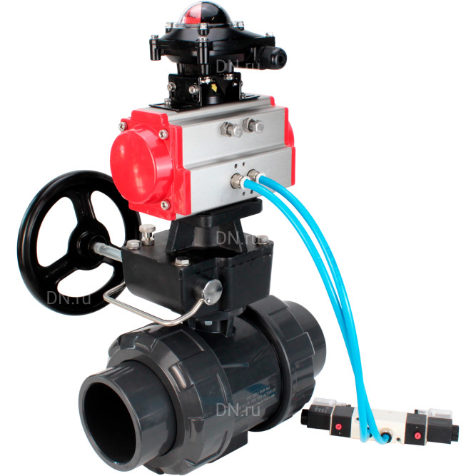 Кран шаровой BV4242E-FP-GRM-ISO Дн25 Ру10 полнопроходной, корпус - НПВХ, шар - НПВХ, уплотнение - EPDM, с пневмоприводом PA-DA-052, пневмораспределителем 4V320-10 AC220V, ручным дублером MON1-250-T26-ISO и БКВ APL-210N в Алматы