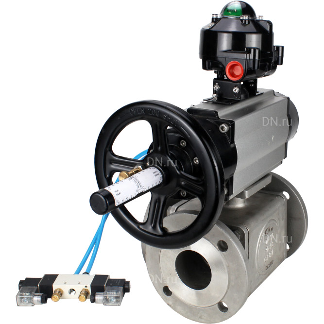 Кран шаровой BV3232P(4pc)-FP-3WL-F Ду100 Ру16 полнопроходной трехходовой, фланцевый, корпус - нержавеющая сталь SS316, с пневмоприводом PA-DA-105-1 двойного действия, пневмораспределителем 4V320-08 AC220V и БКВ APL-510N EX в Алматы