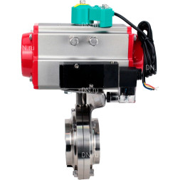 Затвор дисковый поворотный WBV3131S-2W-W-H Ду50 Ру10, под приварку, пищевая нержавеющая сталь 304, уплотнение - Silicon, с пневмоприводом PA-SA-065, пневмораспределителем 4M320-10 AC220V и магнитным переключателем ALS200D