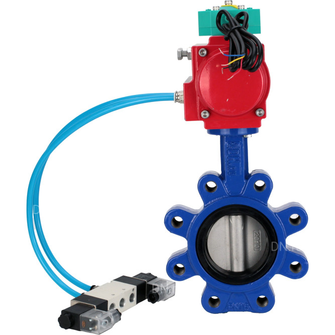 Затвор дисковый поворотный WBV1631E-2W-Fb-H Ду125 Ру16 LUG корпус - чугун QT450, диск - нержавеющая сталь 304, уплотнение - EPDM, с пневмоприводом PA-DA-105, пневмораспределителем 4V320-08 AC220V и магнитным переключателем ALS200D в Алматы