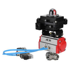 Кран шаровой BV3232P(4pc)-SP-3WL-T-ISO-H Ду20 Ру63, стандартнопроходной, четырехсоставной, корпус - нержавеющая сталь 316, уплотнение - PTFE, внутренняя резьба, с пневмоприводом PA-DA-052, пневмораспределителем 4V320-08 AC220V, БКВ APL-410N Ex