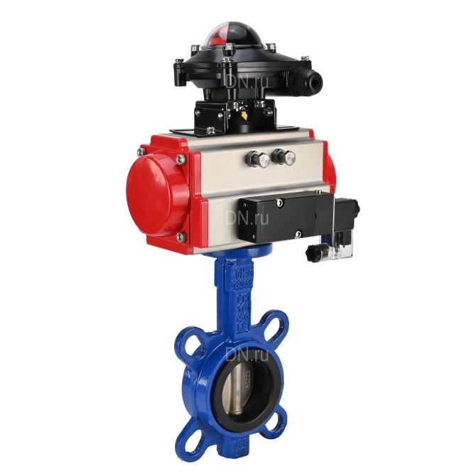 Затвор дисковый поворотный WBV3432V-2W-Fb-H Ду50 Ру16, корпус - углеродистая сталь WCB, диск - нержавеющая сталь 316L, уплотнение - Viton, с пневмоприводом PA-SA-083 с возвратными пружинами, пневмораспределителем 4M310-08 DC24V, БКВ APL-210N в Алматы