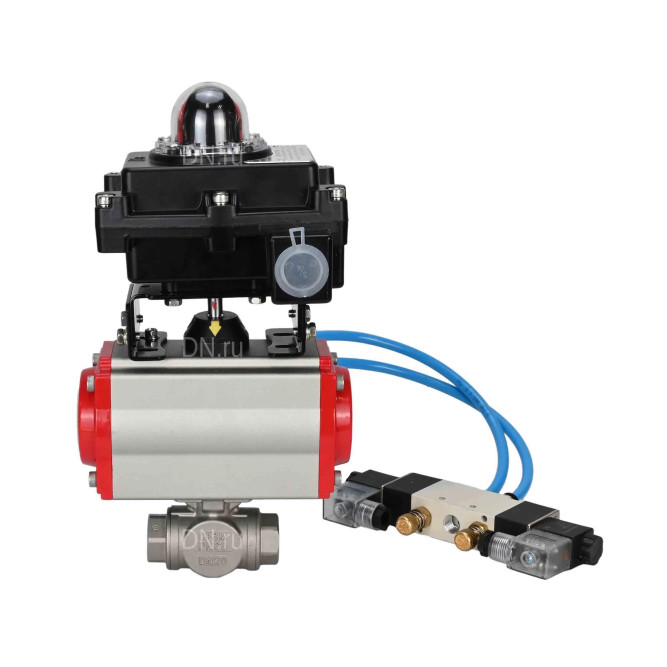 Кран шаровой BV3232P(4pc)-SP-3WL-T-ISO-H Ду25 Ру63, стандартнопроходной, четырехсоставной, корпус - нержавеющая сталь 316, уплотнение - PTFE, внутренняя резьба, с пневмоприводом PA-DA-052, пневмораспределителем 4V320-08 AC220V, БКВ APL-410N Ex в Алматы