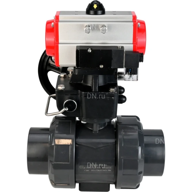 Кран шаровой BV4242E-FP-GRM-ISO Дн32 Ру10 полнопроходной, корпус - НПВХ, шар - НПВХ, уплотнение - EPDM, с пневмоприводом PA-DA-052, пневмораспределителем 4M310-08 AC220V и ручным дублером MON1-250-T26-ISO в Алматы