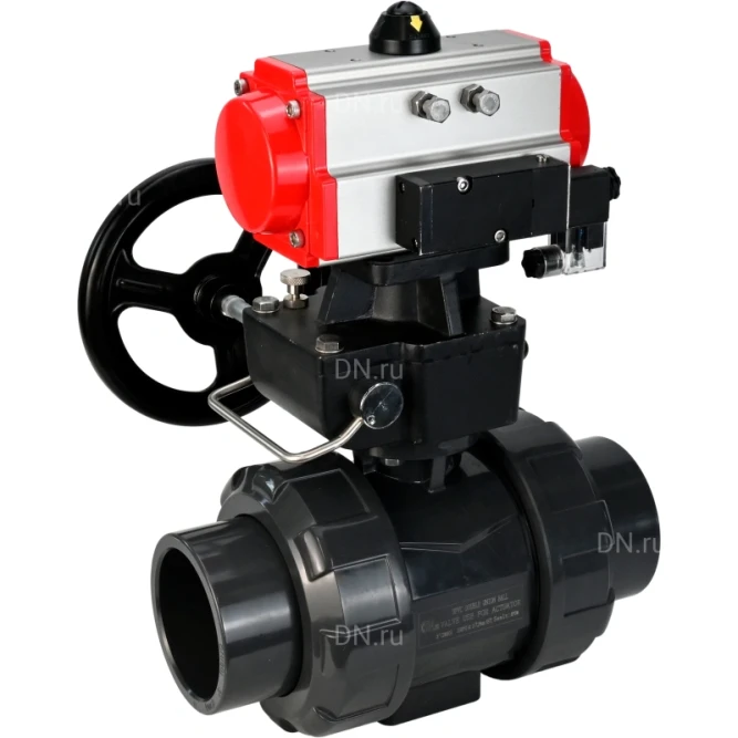 Кран шаровой BV4242E-FP-GRM-ISO Дн32 Ру10 полнопроходной, корпус - НПВХ, шар - НПВХ, уплотнение - EPDM, с пневмоприводом PA-DA-052, пневмораспределителем 4M310-08 AC220V и ручным дублером MON1-250-T26-ISO в Алматы