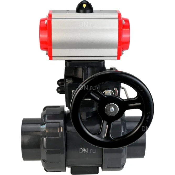 Кран шаровой BV4242E-FP-GRM-ISO Дн32 Ру10 полнопроходной, корпус - НПВХ, шар - НПВХ, уплотнение - EPDM, с пневмоприводом PA-DA-052, пневмораспределителем 4M310-08 AC220V и ручным дублером MON1-250-T26-ISO в Алматы