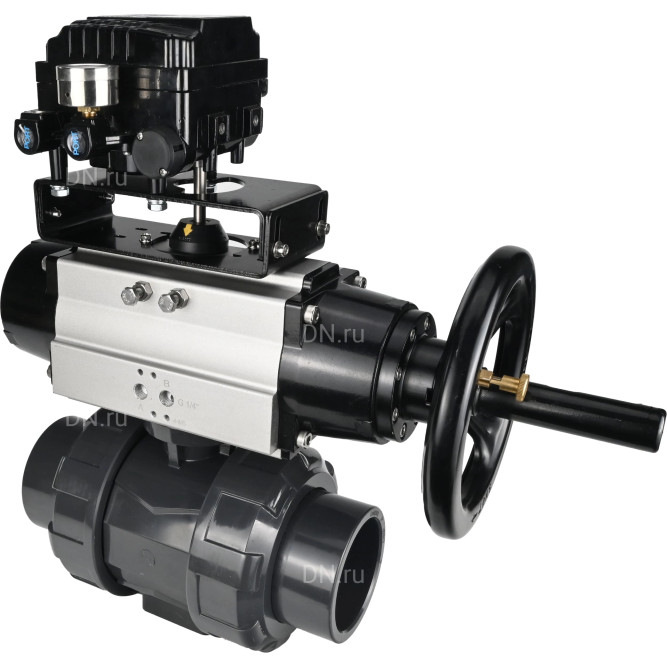 Кран шаровой BV4242E-FP-GRM-ISO Дн25 Ру10 полнопроходной, корпус - НПВХ, шар - НПВХ, уплотнение - EPDM, с пневмоприводом PA-DA-105-1 и пневмопозиционером YT-1000RSN с обратной связью в Алматы