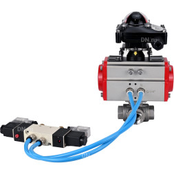 Кран шаровой BV3232P(4pc)-SP-3WL-T-ISO-H Ду32 Ру63, стандартнопроходной, четырехсоставной, корпус - нержавеющая сталь 316, уплотнение - PTFE, внутренняя резьба, с пневмоприводом PA-SA-065, пневмораспределителем 4V320-10 AC220V, БКВ APL-210N