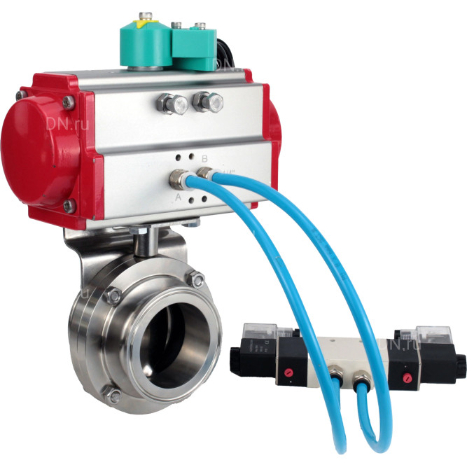 Затвор дисковый поворотный кламповый WBV3131E-2W-C-H Ду25 Ру10 корпус - пищевая нержавеющая сталь 304, уплотнение - EPDM, с пневмоприводом PA-DA-052, пневмораспределителем 4V320-08 AC220V и магнитным переключателем ALS200D в Алматы