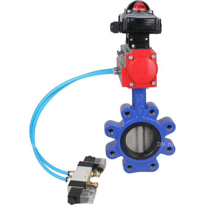 Затвор дисковый поворотный WBV1631N-2W-Fb-H Ду50 Ру16 LUG корпус - чугун QT450, диск - нержавеющая сталь 304, уплотнение - NBR, с пневмоприводом PA-DA-065, пневмораспределителем 4V320-08 AC220V и БКВ APL-210N в Алматы