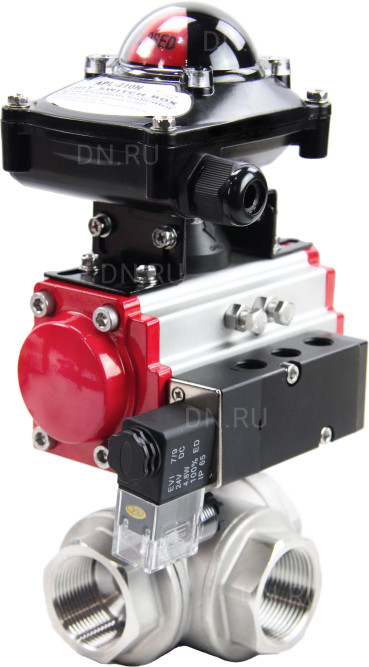 Кран шаровой BV3232P(4pc)-SP-3WL-T-ISO-H Ду32 Ру63 стандартнопроходной трехходовой L-тип, нерж. сталь SS316, внутренняя резьба, уплотнение - PTFE, пн.приводом PA-DA-052, пн.распределителем 4M310-08 AC220V и БКВ APL-210N в Алматы