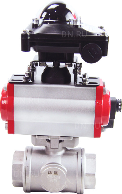 Кран шаровой BV3232P(4pc)-SP-3WL-T-ISO-H Ду32 Ру63 стандартнопроходной трехходовой L-тип, нерж. сталь SS316, внутренняя резьба, уплотнение - PTFE, пн.приводом PA-DA-052, пн.распределителем 4M310-08 AC220V и БКВ APL-210N в Алматы
