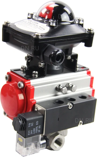 Кран шаровой BV3232P(4pc)-SP-3WL-T-ISO-H Ду25 Ру63 стандартнопроходной трехходовой L-тип, нерж. сталь SS316, внутренняя резьба, уплотнение - PTFE, пн.приводом PA-SA-052, пн.распределителем 4M310-08 AC220V и БКВ APL-210N в Алматы
