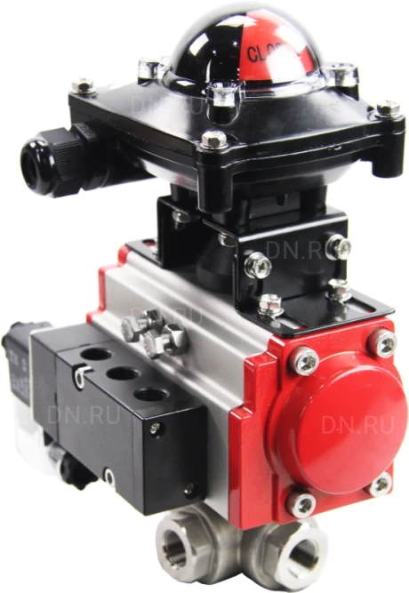 Кран шаровой BV3232P(4pc)-SP-3WL-T-ISO-H Ду25 Ру63 стандартнопроходной трехходовой L-тип, нерж. сталь SS316, внутренняя резьба, уплотнение - PTFE, пн.приводом PA-SA-052, пн.распределителем 4M310-08 AC220V и БКВ APL-210N в Алматы