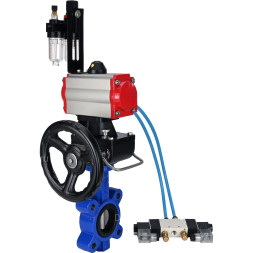Затвор дисковый поворотный WBV1631N-2W-Fb-H Ду65 Ру16 LUG корпус - чугун QT450, диск - нержавеющая сталь 304, уплотнение - NBR, с пневмоприводом PA-DA-065, пневмораспределителем 4V320-10 AC220V, редуктором MON1-250-T26-ISO и БПВ AFC2000