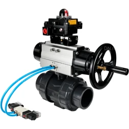 Кран шаровой BV4242E-FP-GRM-ISO Дн32 Ру10 полнопроходной, корпус - НПВХ, шар - НПВХ, уплотнение - EPDM, с пневмоприводом PA-DA-105-1, пневмораспределителем 4V320-08 AC220V и БКВ APL-410N EX