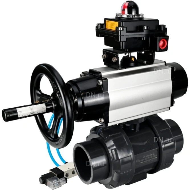 Кран шаровой BV4242E-FP-GRM-ISO Дн32 Ру10 полнопроходной, корпус - НПВХ, шар - НПВХ, уплотнение - EPDM, с пневмоприводом PA-DA-105-1, пневмораспределителем 4V320-08 AC220V и БКВ APL-410N EX в Алматы