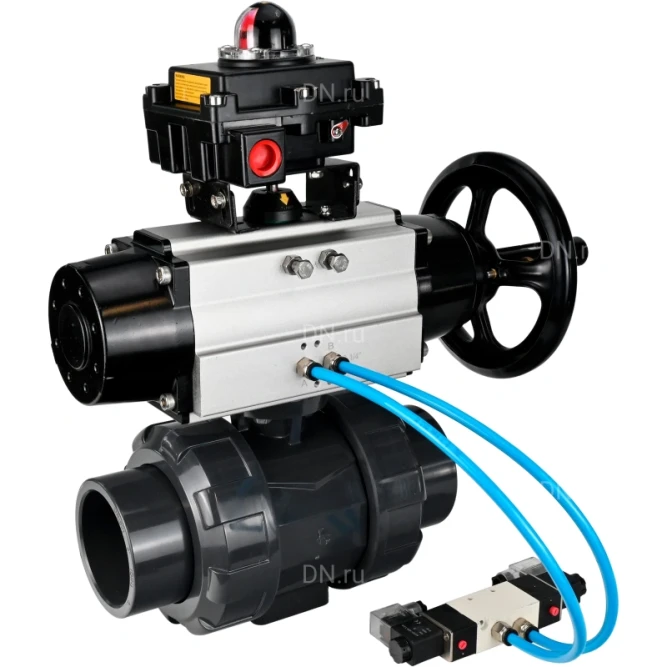 Кран шаровой BV4242E-FP-GRM-ISO Дн32 Ру10 полнопроходной, корпус - НПВХ, шар - НПВХ, уплотнение - EPDM, с пневмоприводом PA-DA-105-1, пневмораспределителем 4V320-08 AC220V и БКВ APL-410N EX в Алматы