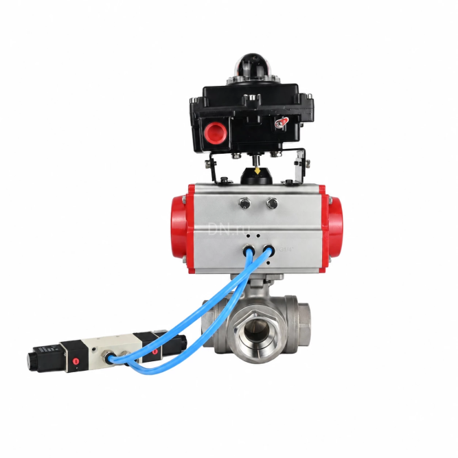Кран шаровой BV3232P(4pc)-SP-3WL-T-ISO-H WDVF Ду40 Ру63 стандартнопроходной, 3-ходовой L-тип, внутренняя резьба, нержавеющая сталь AISI 316, PTFE, с пневмоприводом PA-SA-130, пневмораспределителем 4V320-10 AC220V и БКВ APL-410N EX в Алматы
