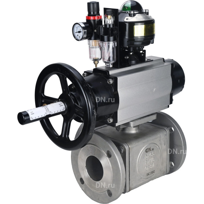 Кран шаровой BV3232P(4pc)-FP-3WL-F Ду100 Ру16 полнопроходной трехходовой, фланцевый, корпус - нержавеющая сталь SS316, с пневмоприводом PA-DA-105-1, пневмораспределителем 4M310-08 DC24V, БКВ APL-510N EX и БПВ AFC2000 в Алматы