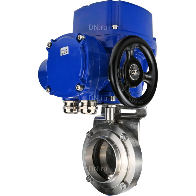 Затвор дисковый поворотный WBV3131E-2W-W-H Ду32 Ру10 под приварку, корпус - пищевая нержавеющая сталь 304, уплотнение - EPDM, с электроприводом QT-N-005M-O2-220VAC-У1 с моментной муфтой и штурвалом в Алматы