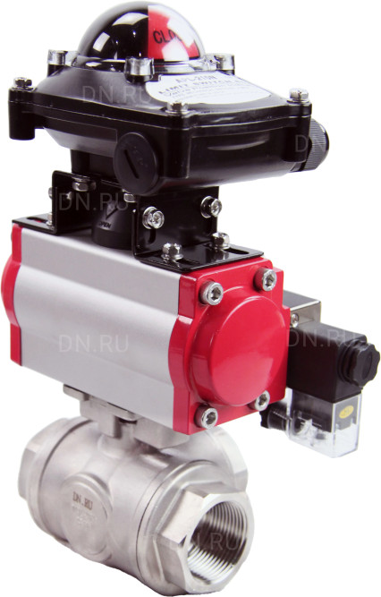 Кран шаровой BV3232P(4pc)-SP-3WL-T-ISO-H Ду32 Ру63 стандартнопроходной трехходовой L-тип, нерж. сталь SS316, внутренняя резьба, уплотнение - PTFE, пн.приводом PA-SA-065, пн.распределителем 4M310-08 AC220V и БКВ APL-210N в Алматы