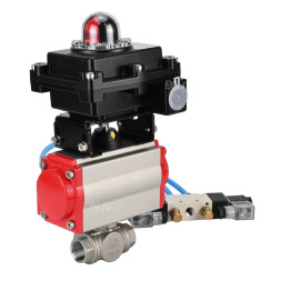 Кран шаровой BV3232P(4pc)-SP-3WL-T-ISO-H Ду20 Ру63, стандартнопроходной, четырехсоставной, корпус - нержавеющая сталь 316, уплотнение - PTFE, внутренняя резьба, с пневмоприводом PA-SA-052, пневмораспределителем 4V320-10 AC220V, БКВ APL-410N Ex