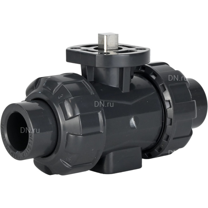 Кран шаровой BV4242E-FP-GRM-ISO Дн32 Ру10 полнопроходной, клеевой с разборным муфтовым соединением, корпус - UPVC (НПВХ), шар - UPVC (НПВХ), уплотнение - EPDM, с ISO-фланцем и голым штоком квадратным в Алматы