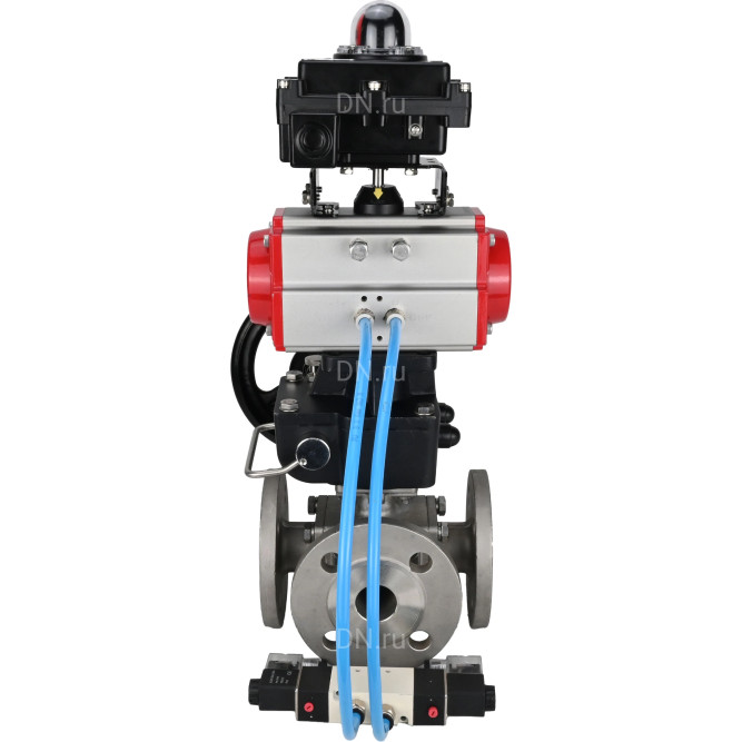 Кран шаровой BV3232P(4pc)-FP-3WL-F Ду100 Ру16 полнопроходной трехходовой, фланцевый, корпус - нержавеющая сталь SS316, с пневмоприводом PA-DA-105, пневмораспределителем 4V320-08 AC220V, БКВ APL-410N EX и ручным дублером MON3-700-T38-ISO в Алматы