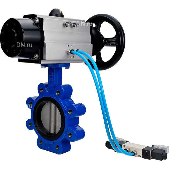 Затвор дисковый поворотный WBV1631E-2W-Fb-H Ду150 Ру16 LUG, корпус - чугун QT450, диск - нержавеющая сталь 304, уплотнение - EPDM, с пневмоприводом PA-DA-105-1 и пневмораспределителем 4M320-08 AC220V в Алматы