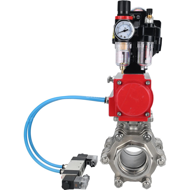 Кран шаровой BV3232P(3pc)-FP-SW-ISO-H Ду50 Ру63 полнопроходной, корпус - нержавеющая сталь SS316, под приварку, с пневмоприводом PA-SA-105, пневмораспределителем 4V320-08 AC220V, БКВ APL-510N EX, БПВ AFC2000 в Алматы