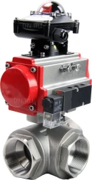 Кран шаровой BV3232P(4pc)-SP-3WL-T-ISO-H Ду65 Ру40 стандартнопроходной трехходовой L-тип, нерж. сталь SS316, внутренняя резьба, уплотнение - PTFE, пн.приводом PA-DA-083, пн.распределителем 4M310-08 AC220V и БКВ APL-210N