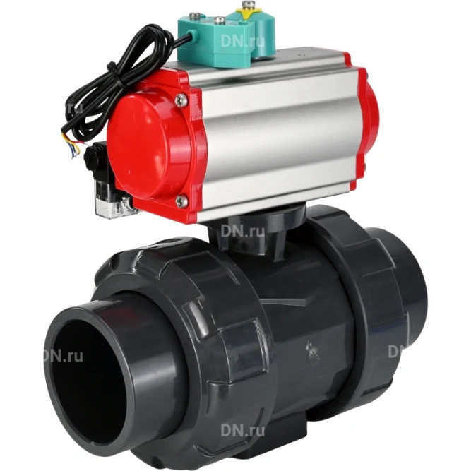 Кран шаровой BV4242E-FP-GRM-ISO Дн20 Ру10 полнопроходной, корпус - НПВХ, шар - НПВХ, уплотнение - EPDM, с пневмоприводом PA-SA-052, пневмораспределителем 4M310-08 AC220V и магнитным переключателем ALS200D в Алматы