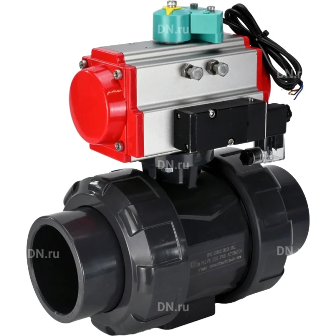 Кран шаровой BV4242E-FP-GRM-ISO Дн20 Ру10 полнопроходной, корпус - НПВХ, шар - НПВХ, уплотнение - EPDM, с пневмоприводом PA-SA-052, пневмораспределителем 4M310-08 AC220V и магнитным переключателем ALS200D в Алматы