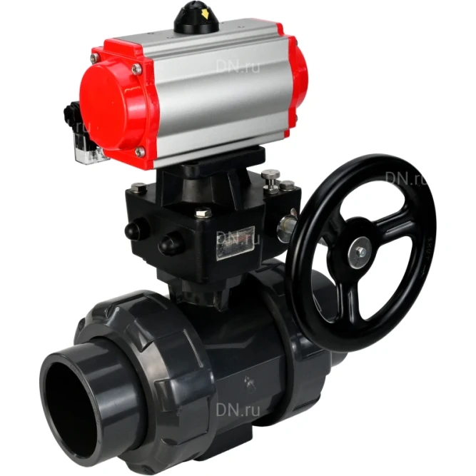 Кран шаровой BV4242E-FP-GRM-ISO Дн80 Ру10 полнопроходной, корпус - НПВХ, шар - НПВХ, уплотнение - EPDM, с пневмоприводом PA-DA-065, пневмораспределителем 4M310-08 AC220V и ручным дублером MON1-250-T26-ISO в Алматы